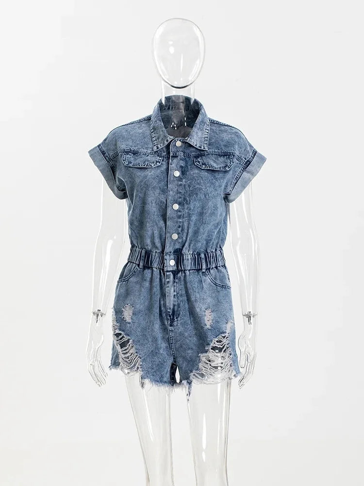 Denim Playsuit with Distressed Hem - Perfect for Festivals