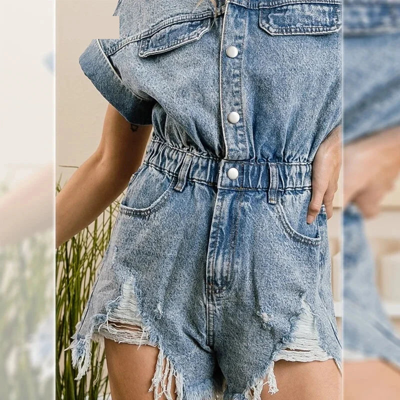 Denim Playsuit with Distressed Hem - Perfect for Festivals