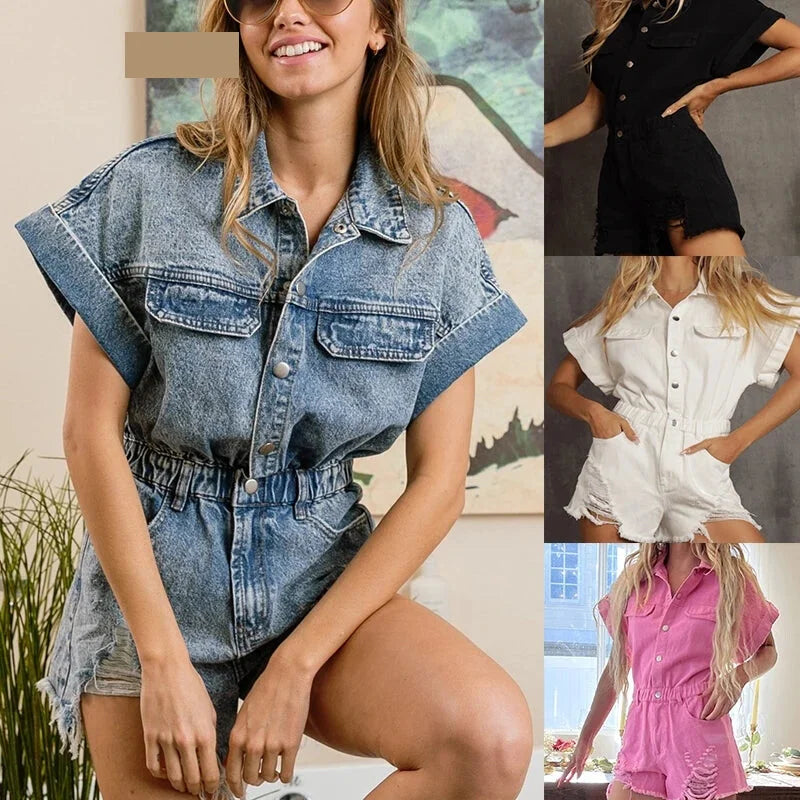 Denim Playsuit with Distressed Hem - Perfect for Festivals