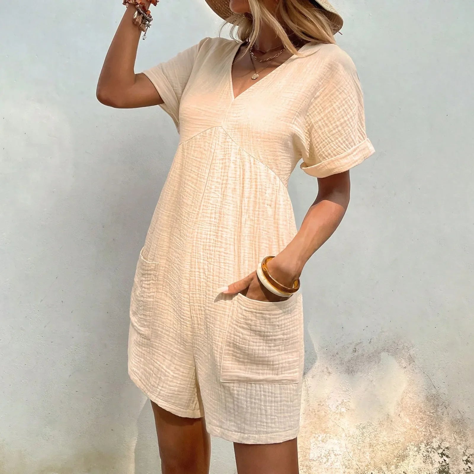 Essential Summer Romper with Textured Fabric and Pockets Rompers