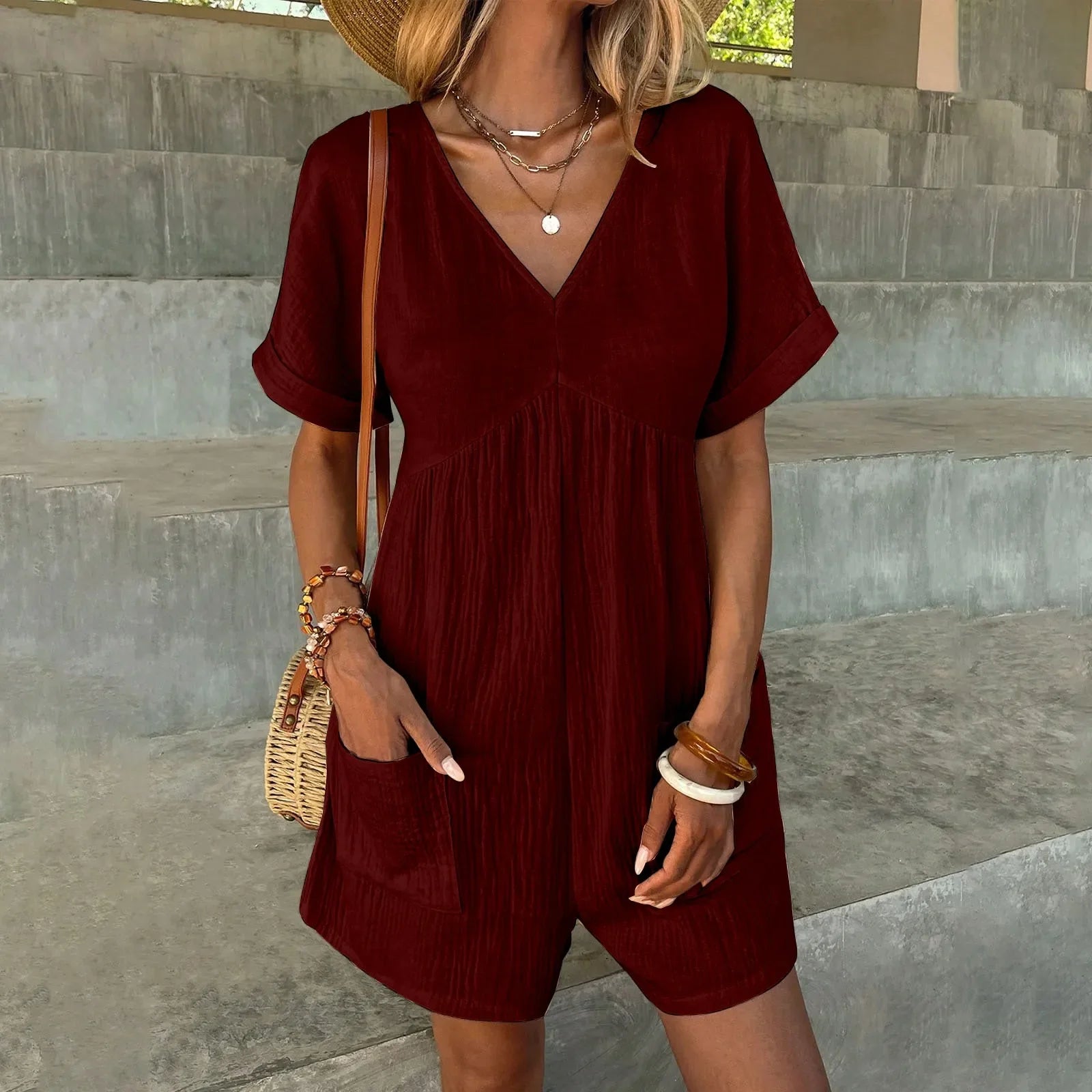 Essential Summer Romper with Textured Fabric and Pockets Rompers