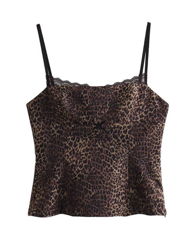 Fitted Cami Top with Lace Accents in Leopard Print	