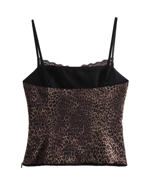 Fitted Cami Top with Lace Accents in Leopard Print Leopard Tops