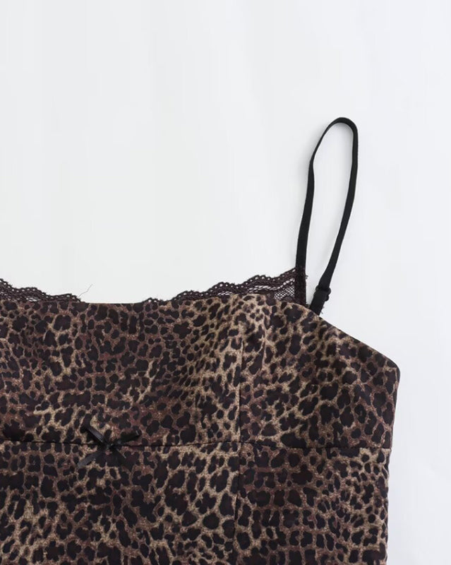 Fitted Cami Top with Lace Accents in Leopard Print Leopard Tops