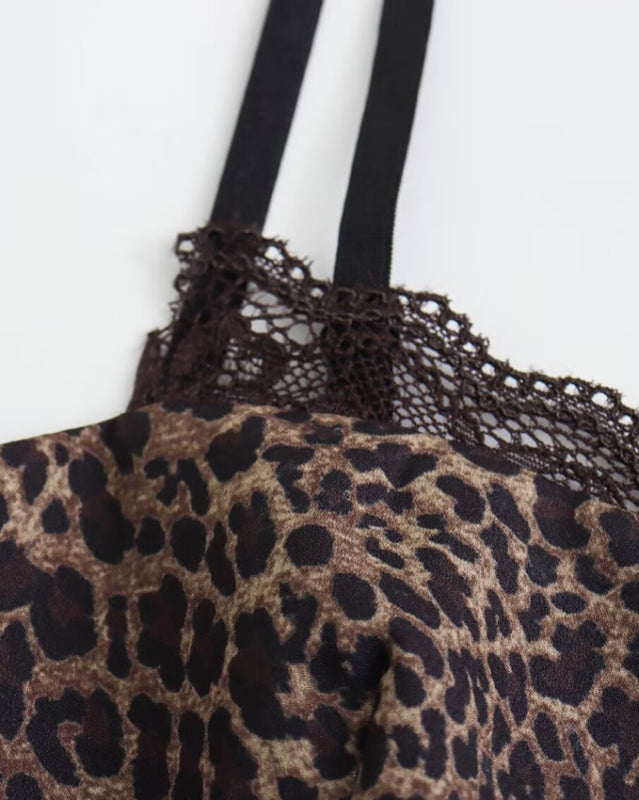 Fitted Cami Top with Lace Accents in Leopard Print Leopard Tops