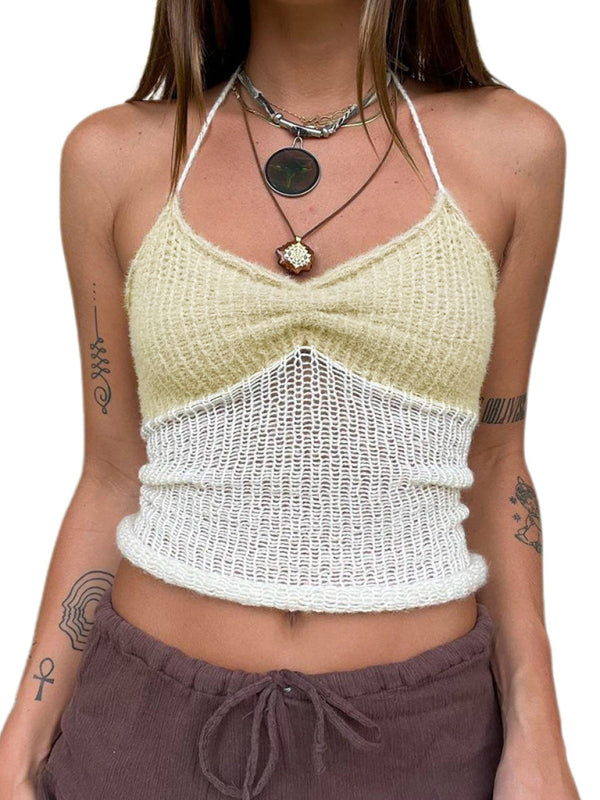 Knit Contrast Women's Sleeveless Open Back Cami Halter Top