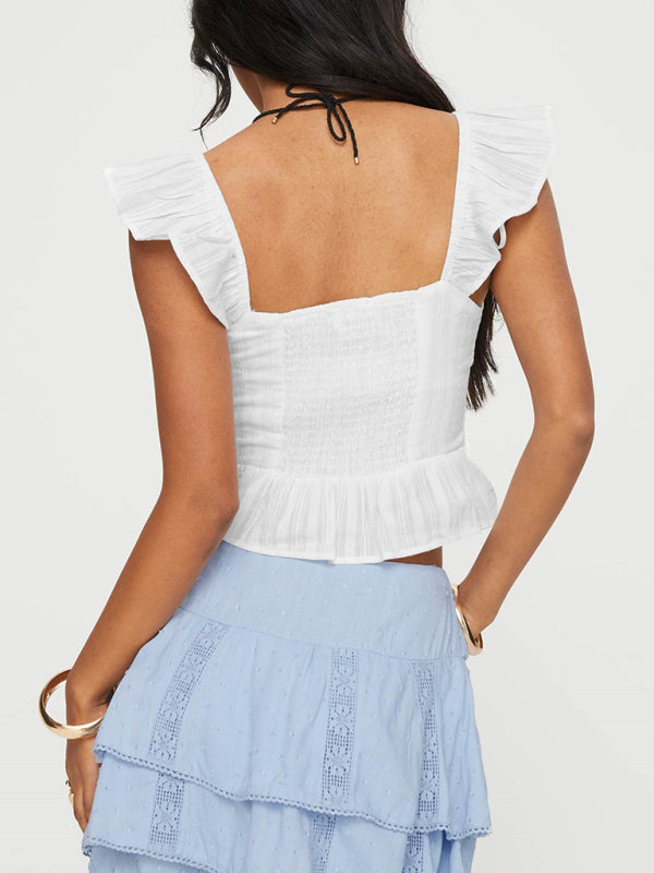 Lace Ruffles Sleeveless Blouse with Tie Front for Women Cami Tops