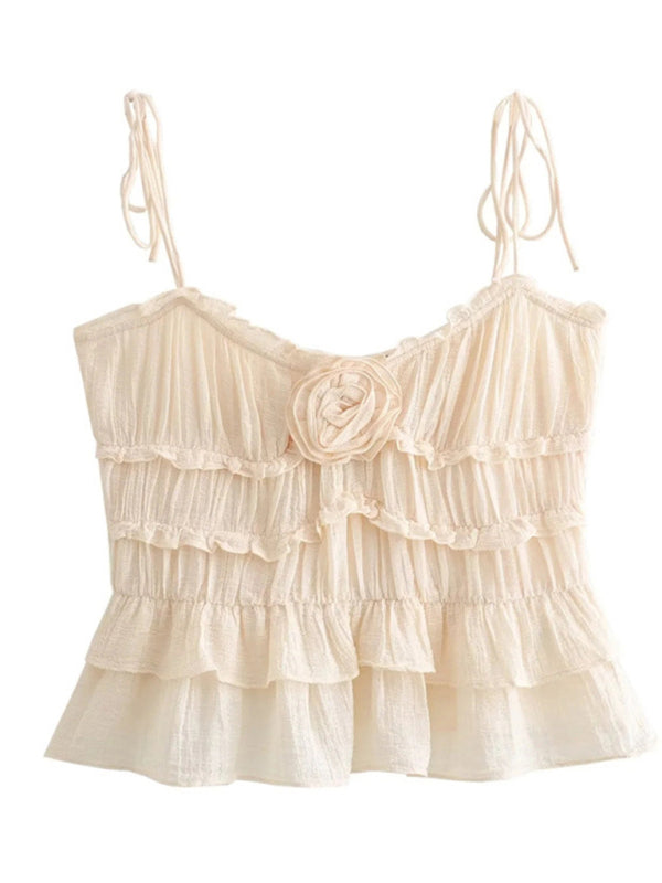 Ruffle Frill Cami Top with Floral Appliqué & Tie-Shoulder Camis