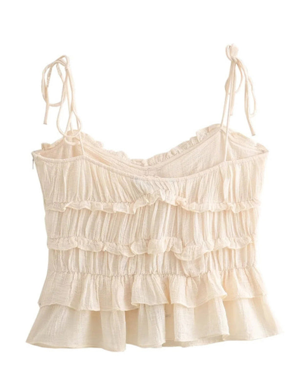 Ruffle Frill Cami Top with Floral Appliqué & Tie-Shoulder Camis