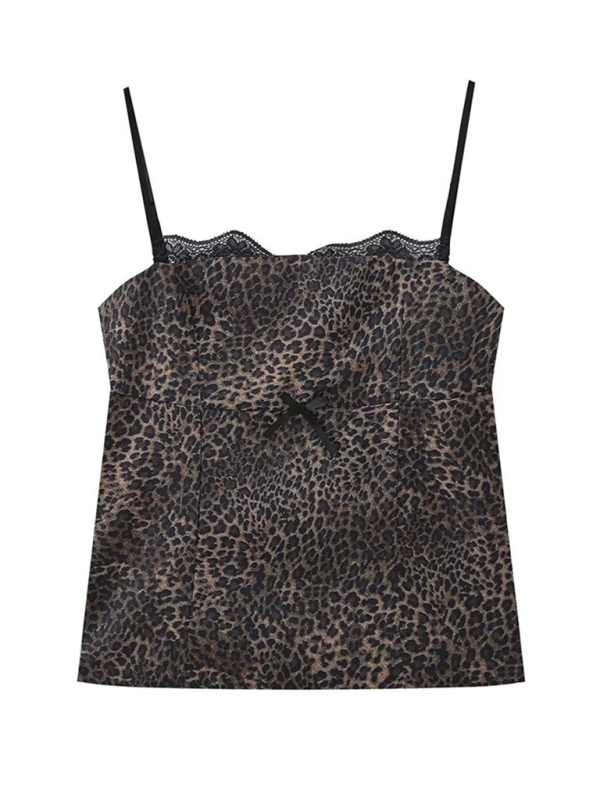 Satin Women's Leopard Print Camisole with Lace Accents	