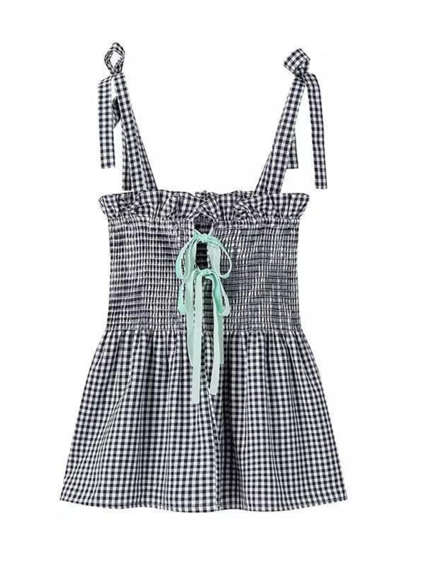 Country Gingham Plaid Tie-Shoulder Peplum Camisole for Women