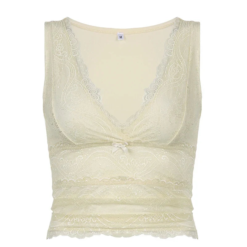 Lace Overlay V-Neck Sleeveless Top for Women Tank Tops