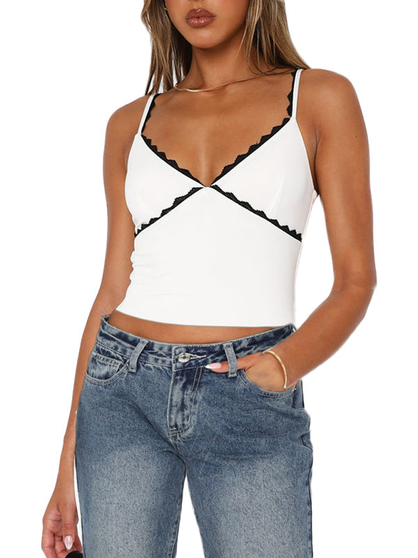 Solid Contrast Lace-Trimmed Cami Crop Top	