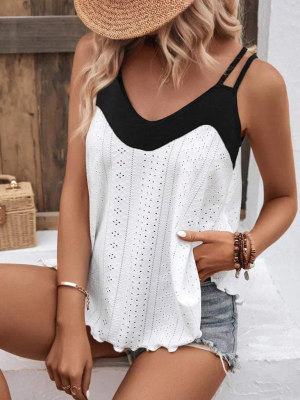 Trendy Eyelet Tank Top - Strappy Back, Thin Straps & Double Trim