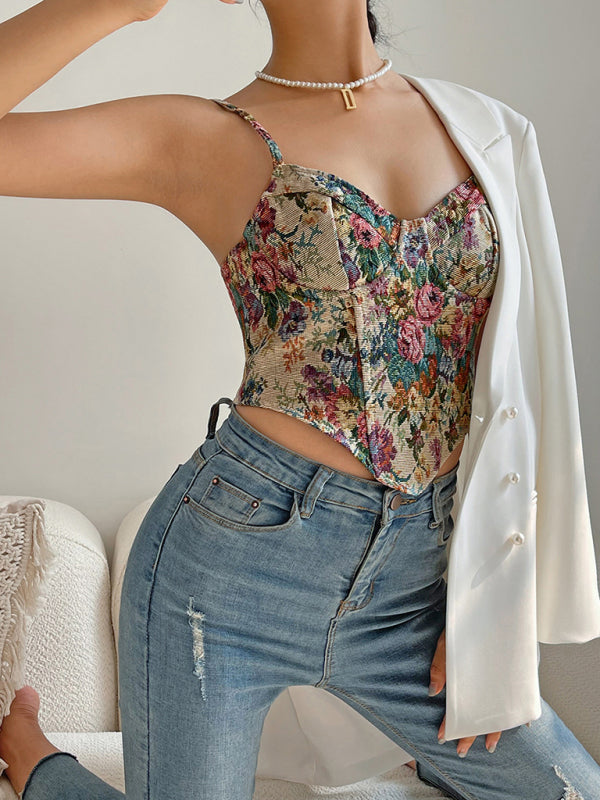 Sweetheart Corset Cami - Vintage Print Bustier Top Corsets