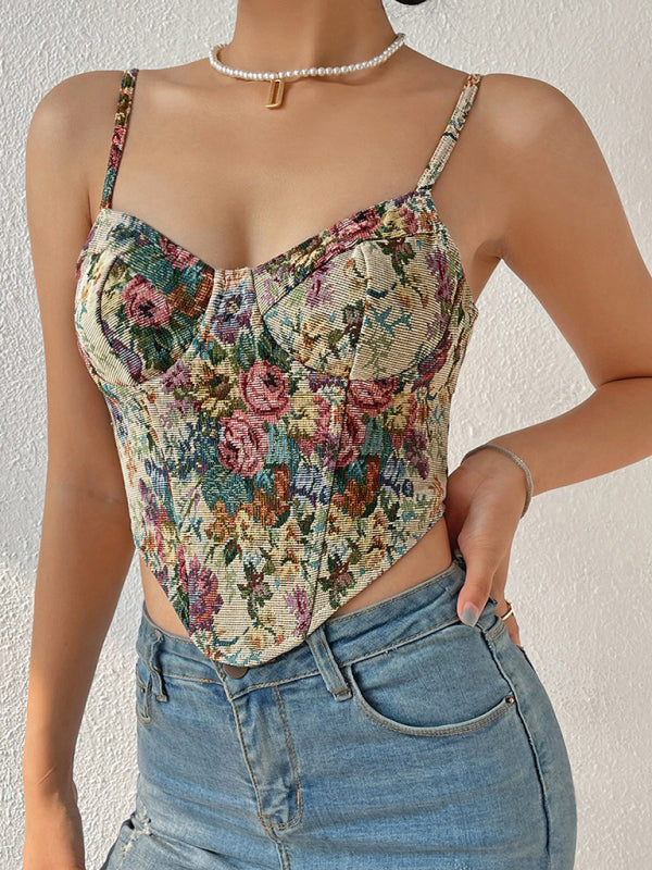 Sweetheart Corset Cami - Vintage Print Bustier Top Corsets