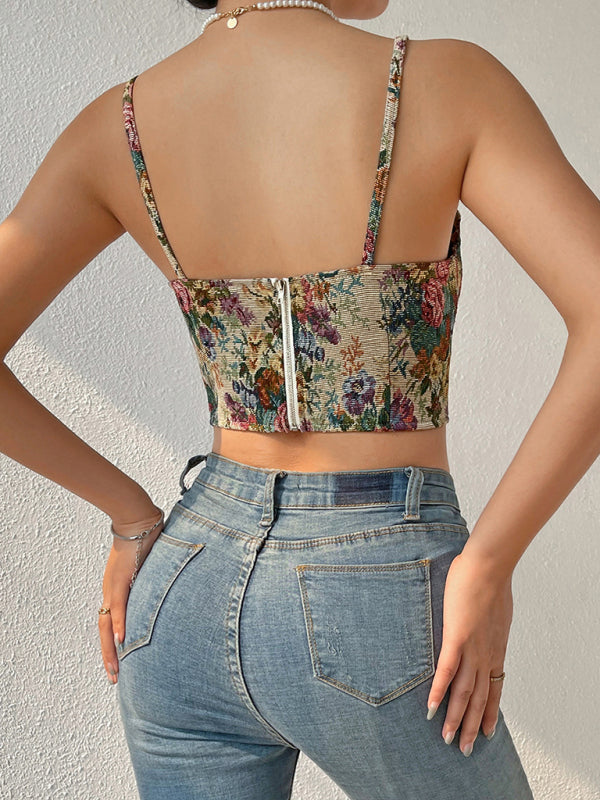 Sweetheart Corset Cami - Vintage Print Bustier Top Corsets