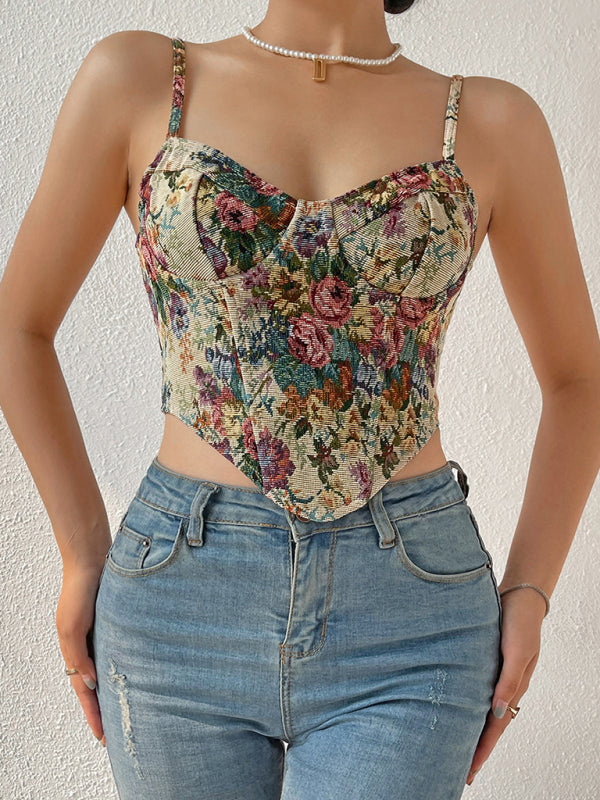 Sweetheart Corset Cami - Vintage Print Bustier Top Corsets