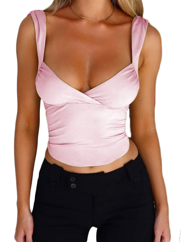 Summer Surplice V-Neck Fitted Top with Tie Back Tops