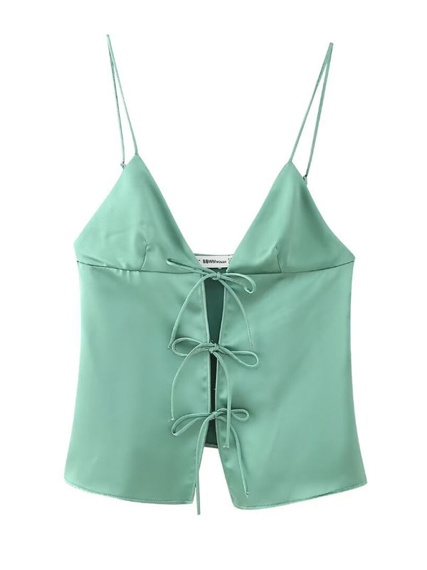 Satin Women's Silky Tie-Up Bow Cami Top for Summer	