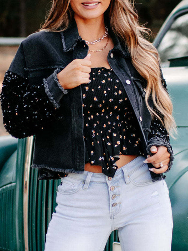 Distressed Denim Sparkling Sequin Patchwork Crop Jacket Denim