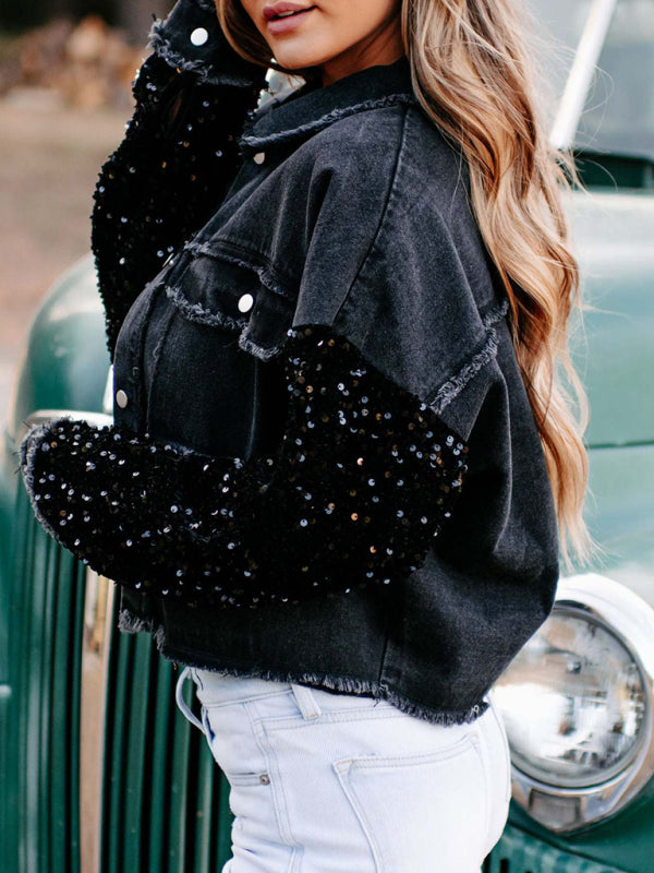 Distressed Denim Sparkling Sequin Patchwork Crop Jacket Denim