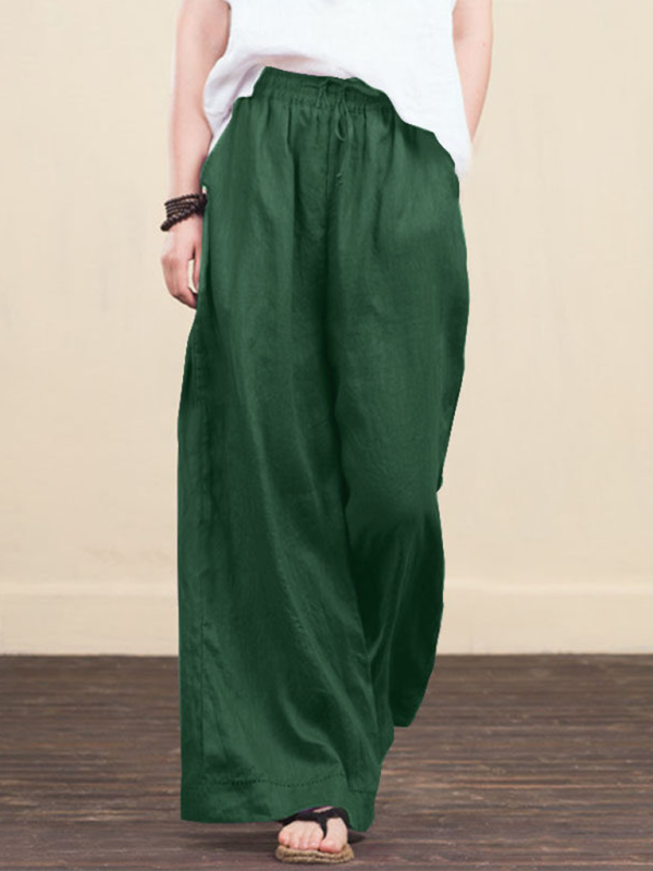 Elastic Waistband Wide Leg Pants - Mid Rise Trousers Trousers