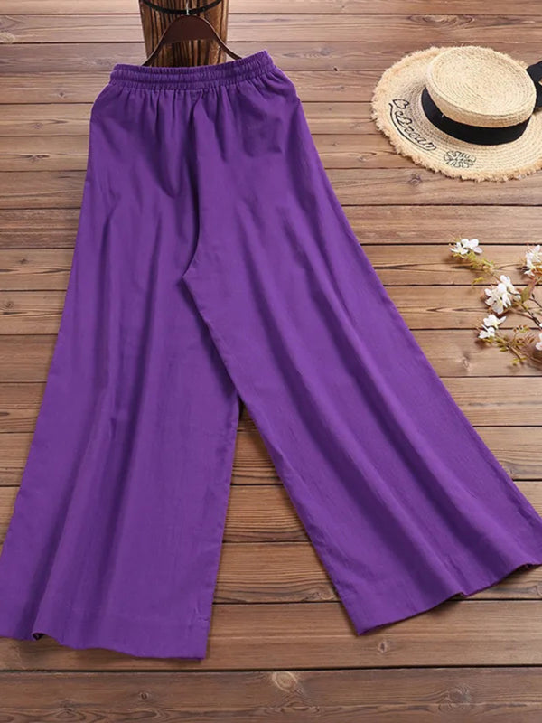 Elastic Waistband Wide Leg Pants - Mid Rise Trousers Trousers