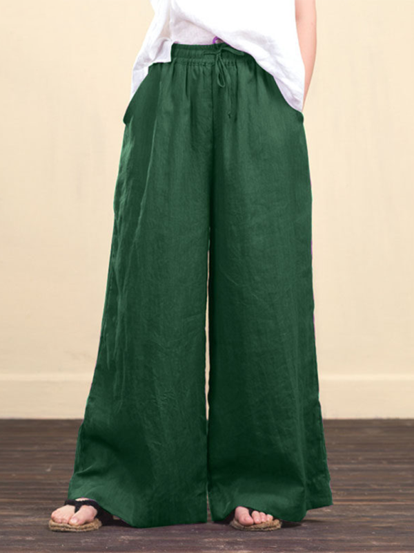 Elastic Waistband Wide Leg Pants - Mid Rise Trousers Trousers