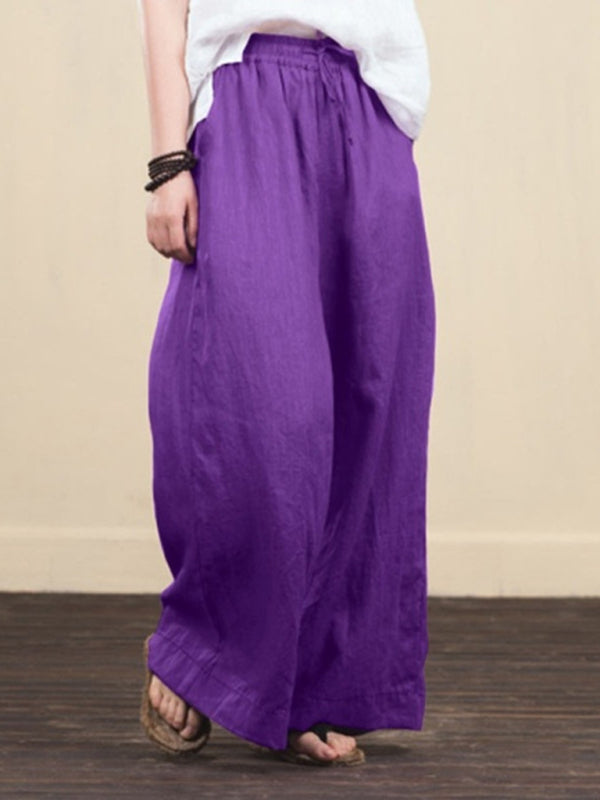 Elastic Waistband Wide Leg Pants - Mid Rise Trousers Trousers