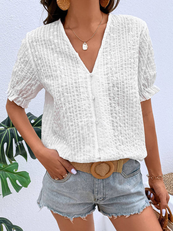 Elegant Women's Cotton Puff Sleeves Shirt - Delicate Embroidery Top	