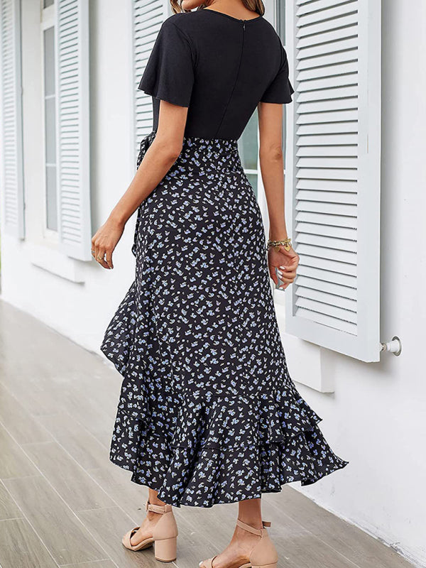 Elegant Floral Wrap Dress with Asymmetrical High-Low, Ruffle Trim