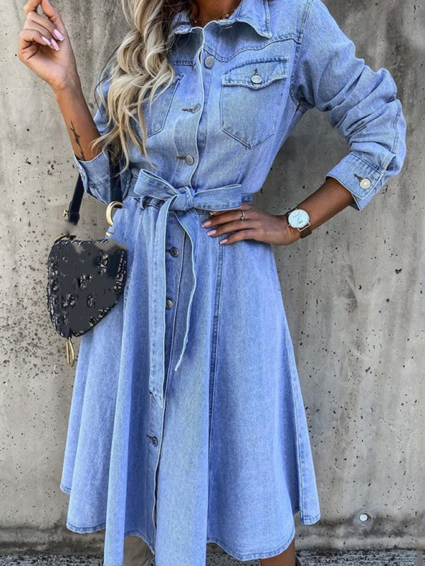 Denim Shirt Dress with Flap, Side Pockets - Belt Tie Jean Dress	