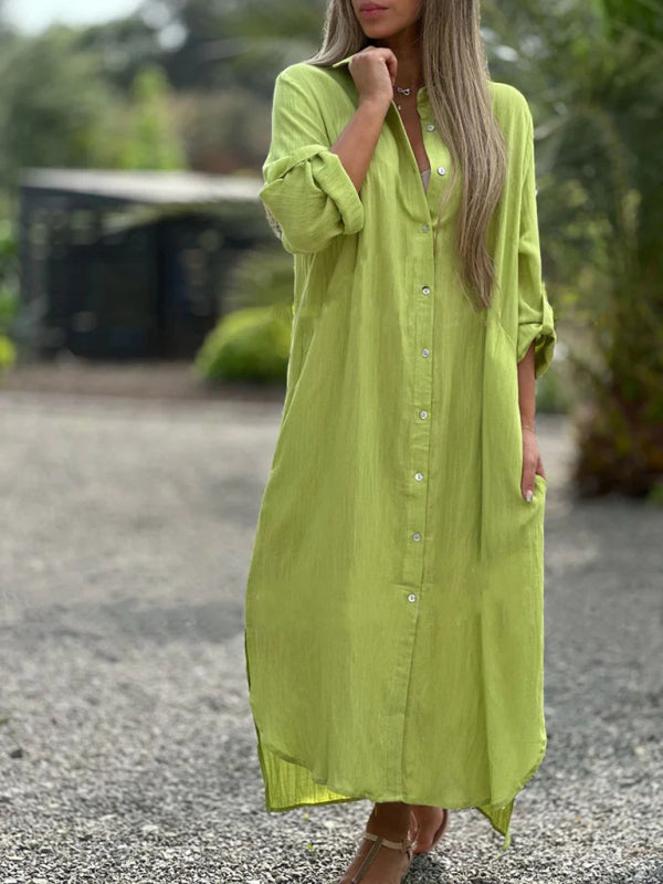 Essential Summer Loose Tunic Shirt Dress in Cotton with Roll-Up