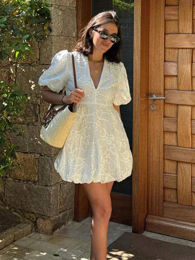 Embroidered A-Line Puff Sleeves Dress Mini Dresses