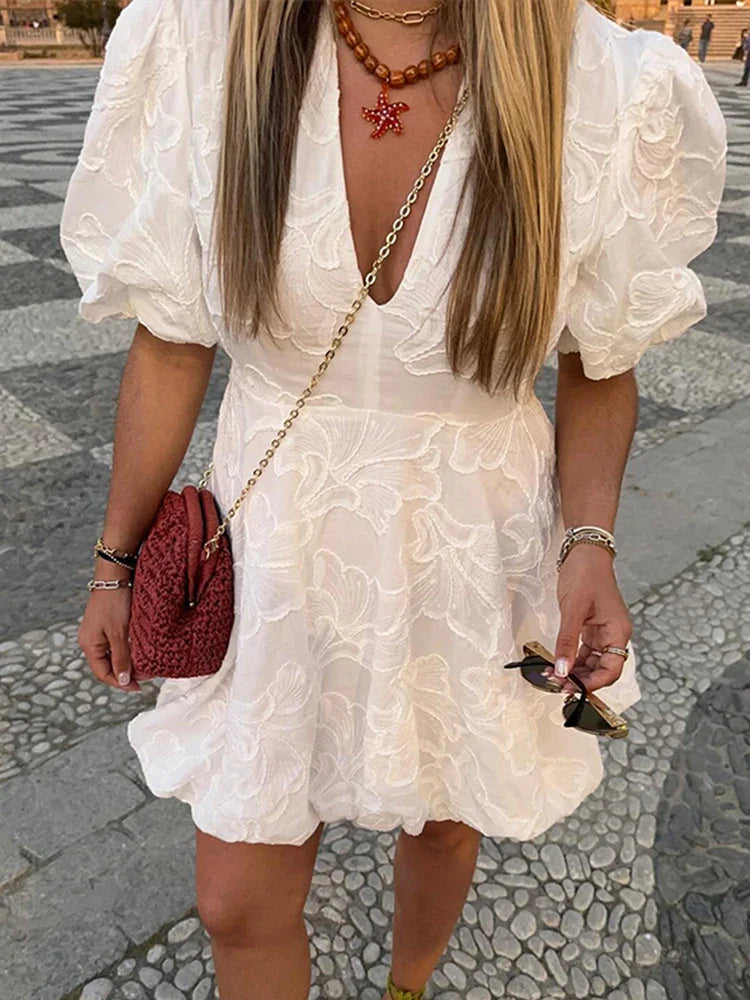 Summer Embroidered A-Line Puff Sleeves Dress	