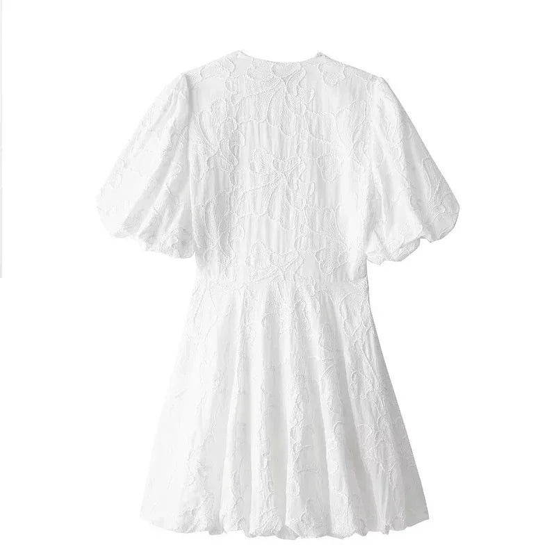 Embroidered A-Line Puff Sleeves Dress Mini Dresses