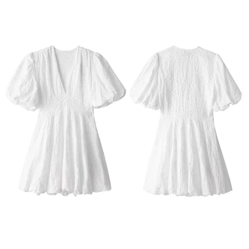 Embroidered A-Line Puff Sleeves Dress Mini Dresses