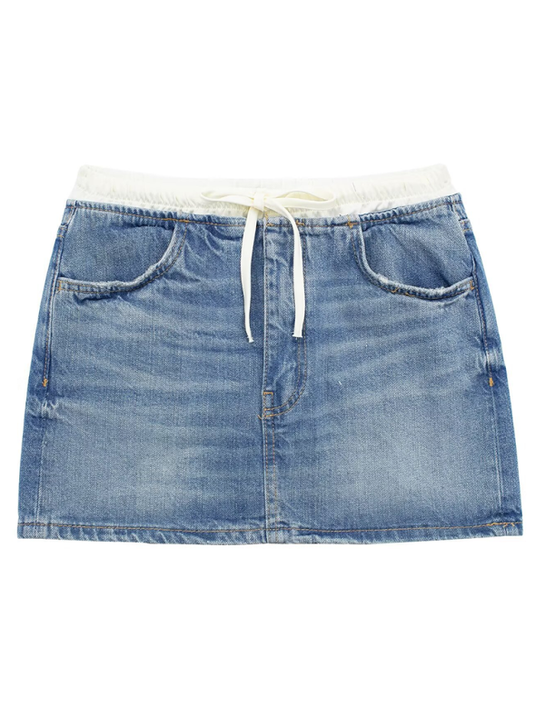 Women Edgy Denim Mini Skirt with Contrast Waistband	