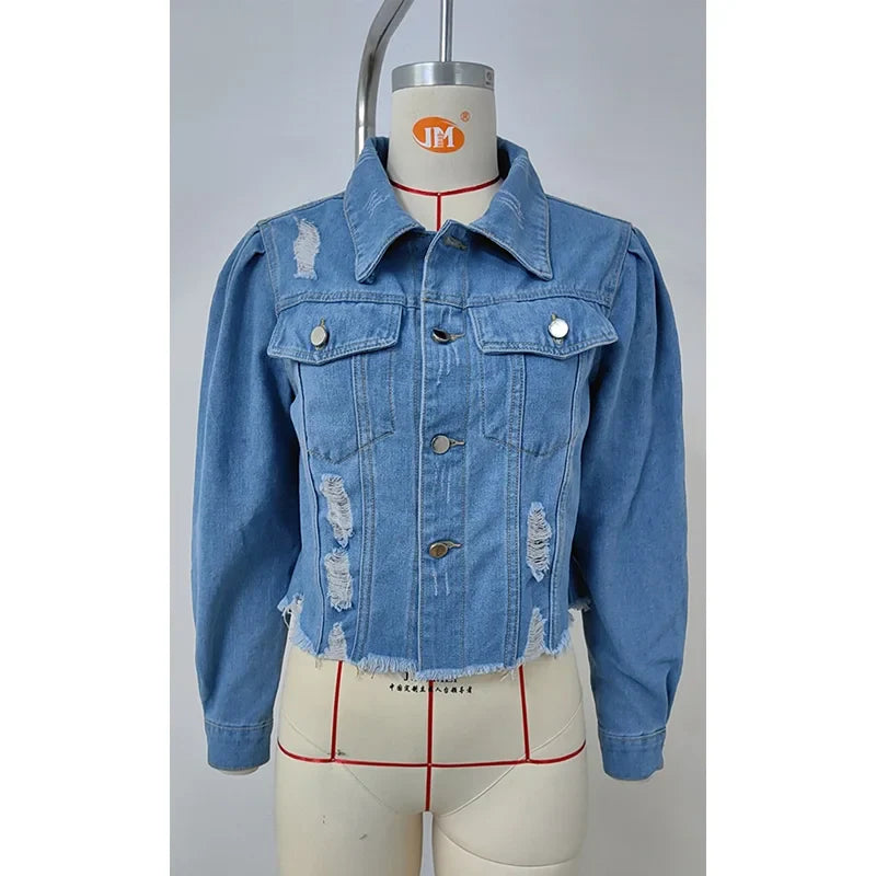 Distressed Cropped Denim Jacket in Light Wash for Women Denim