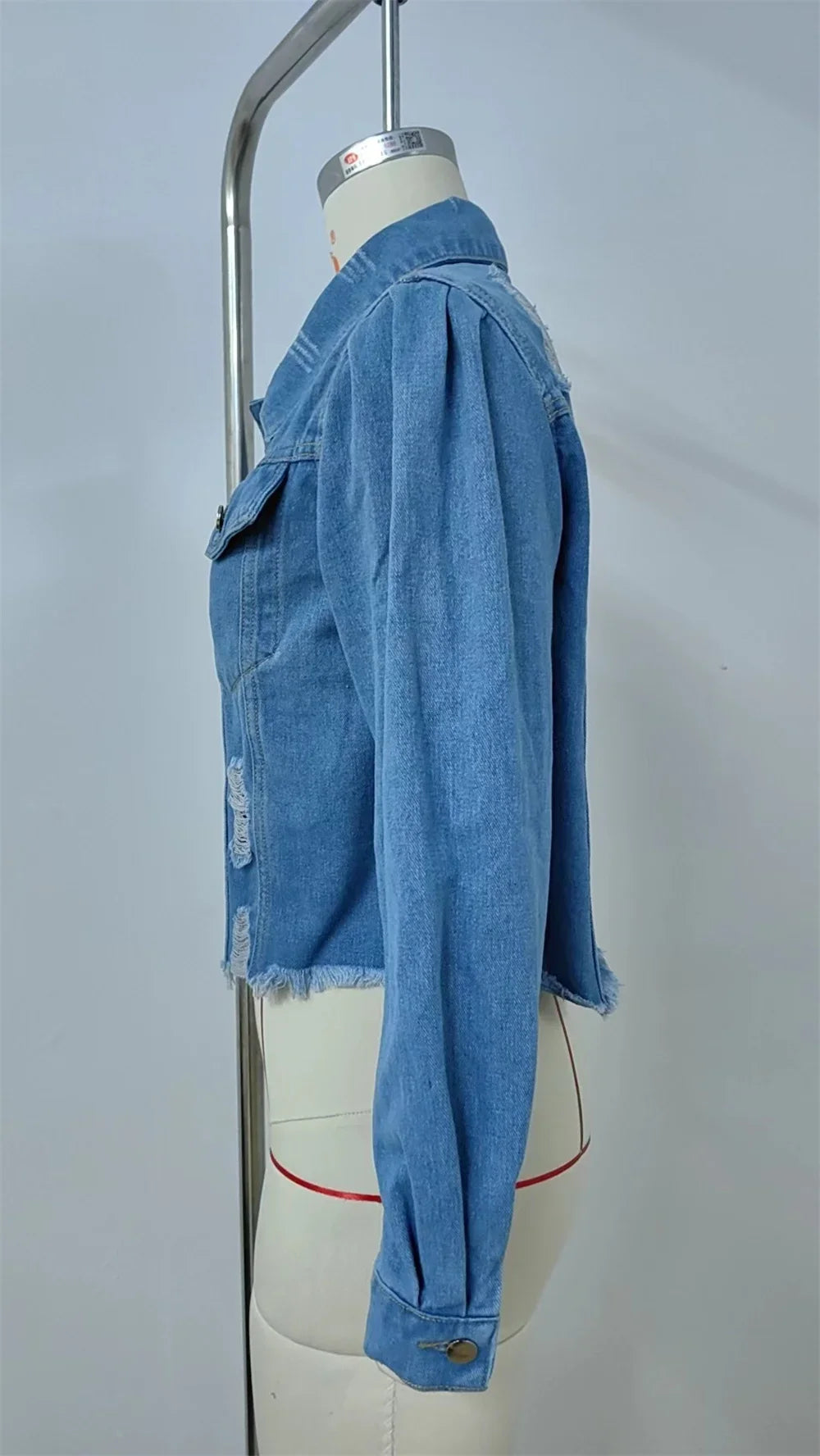 Distressed Cropped Denim Jacket in Light Wash for Women Denim