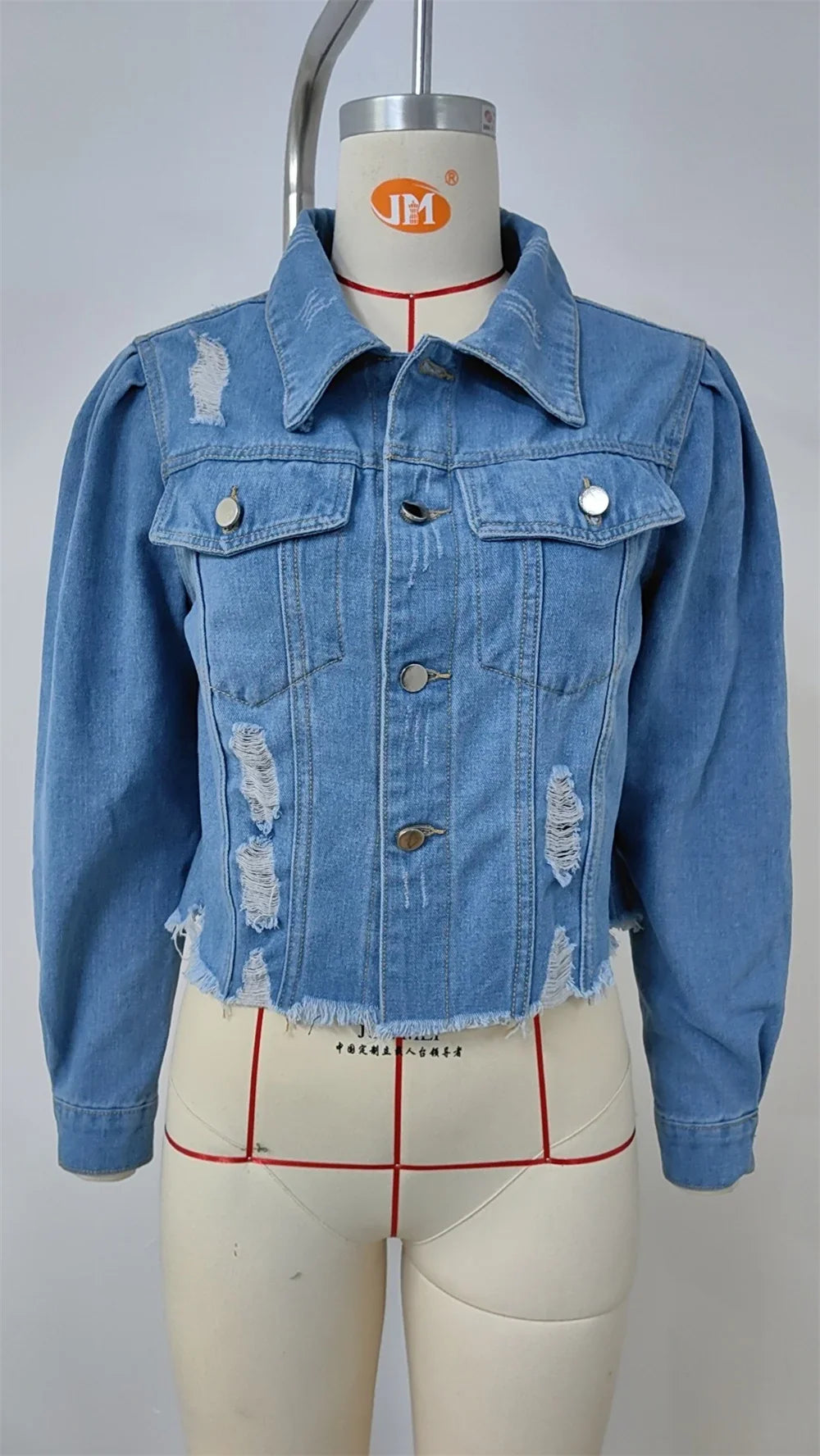 Distressed Cropped Denim Jacket in Light Wash for Women Denim