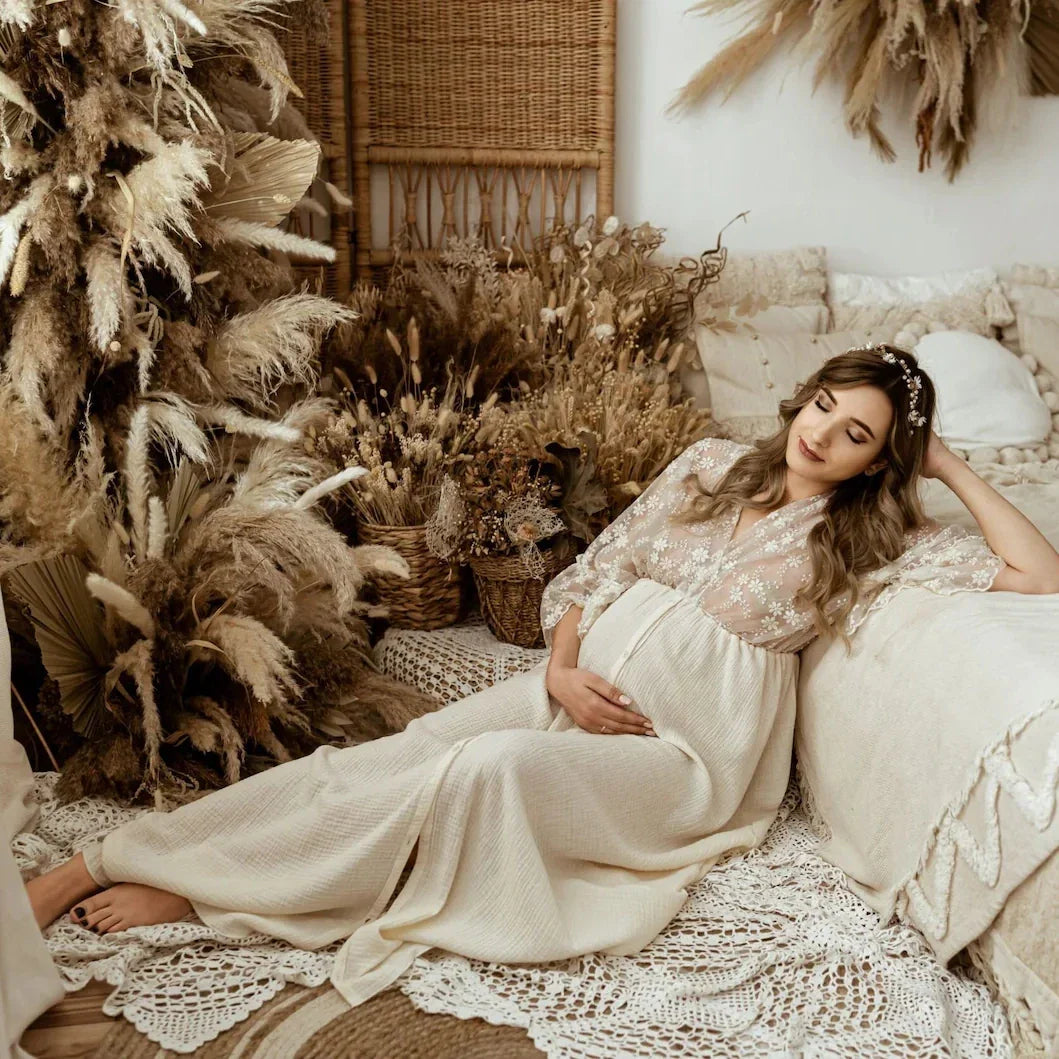 Elegant Cotton Boho Maternity Gown Dress for Moms-to-be Maternity