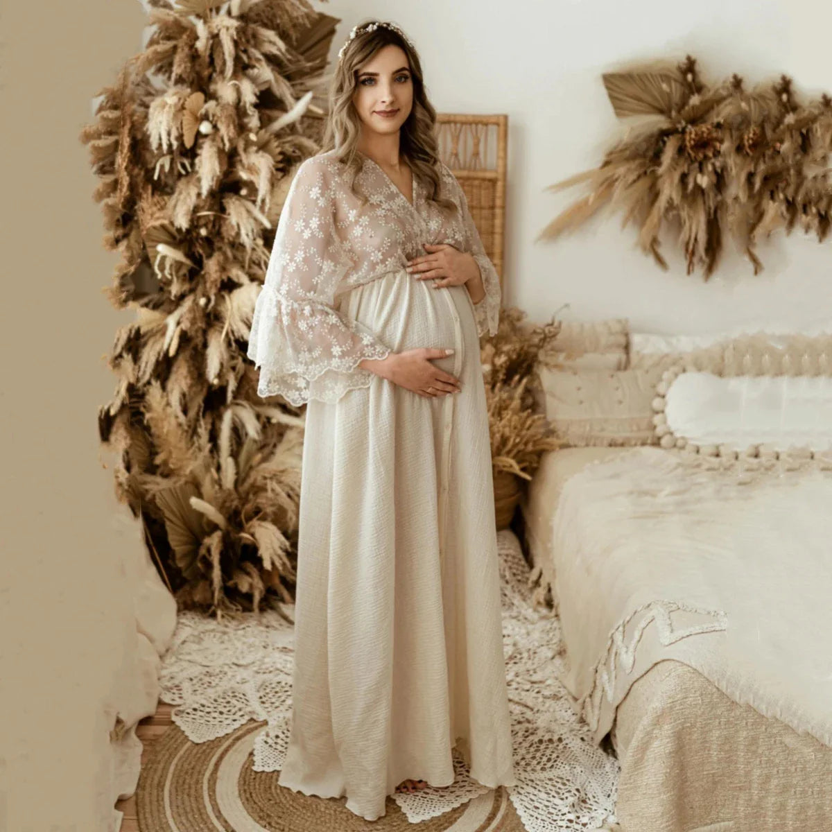 Elegant Cotton Boho Maternity Gown Dress for Moms-to-be	