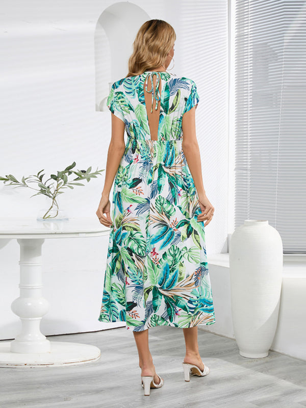 All Print Surplice V neck Elastic Waist Midi Dress Dress