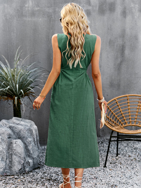 A-Line Tank Midi Dress with Side Leg Slit, Crew Neck & Cutout