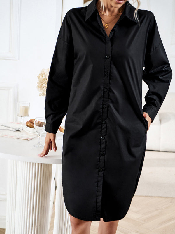 All-Occasion Cotton Fancy Shirt Midi Dress with Pockets - Without