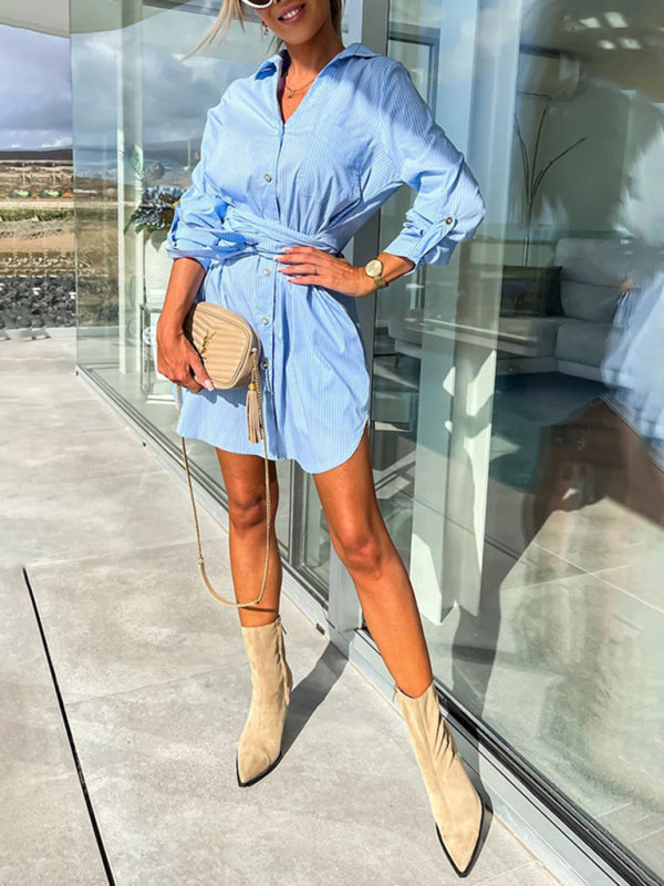 Belted Button-Up Shirt Dress in Solid Cotton with Roll-Up Sleeves