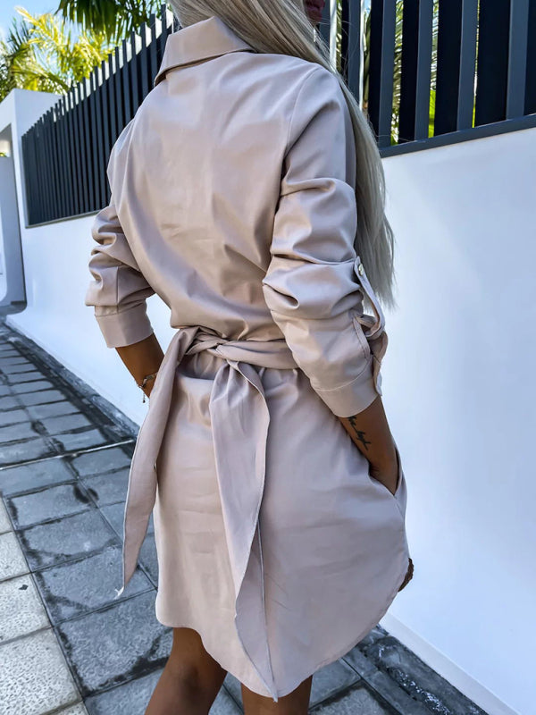 Belted Button-Up Shirt Dress in Solid Cotton with Roll-Up Sleeves