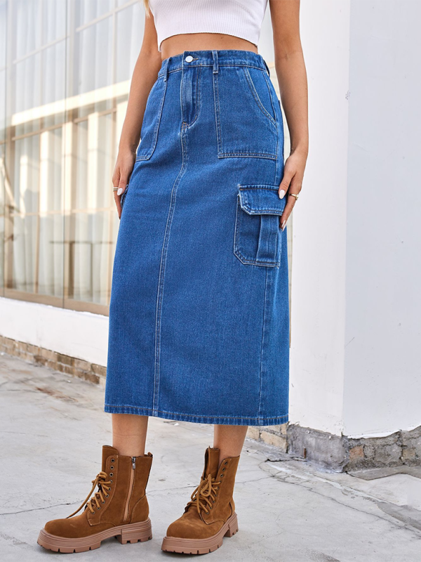 Cargo Mid-Calf Denim Skirt with Practical Design Denim Skirts